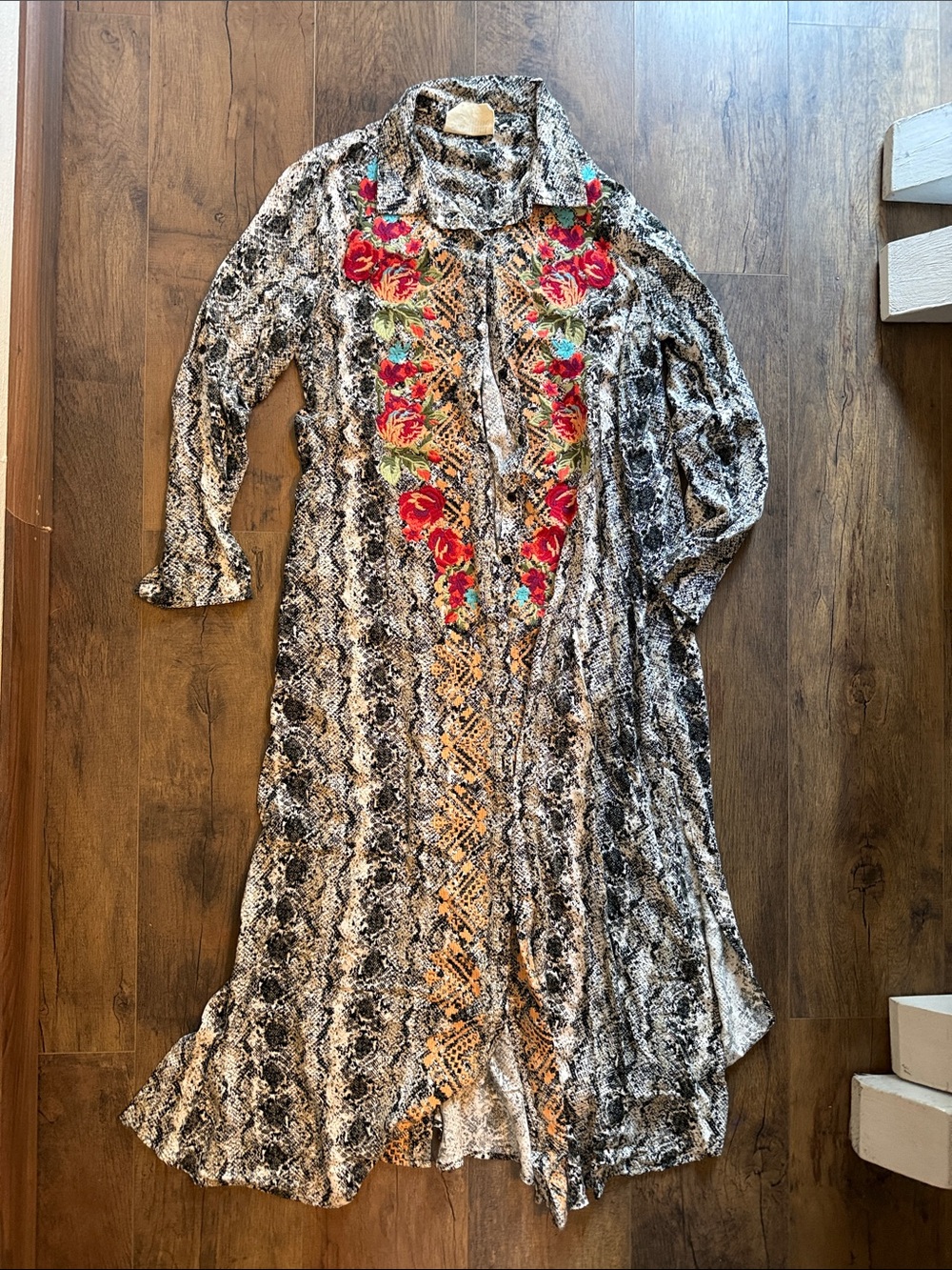 Savanna Jane Black and White Snake-Print Maxi Dress with Red Floral Accents